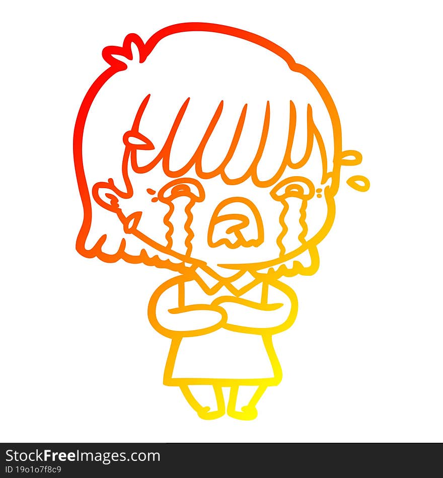 warm gradient line drawing of a cartoon girl crying