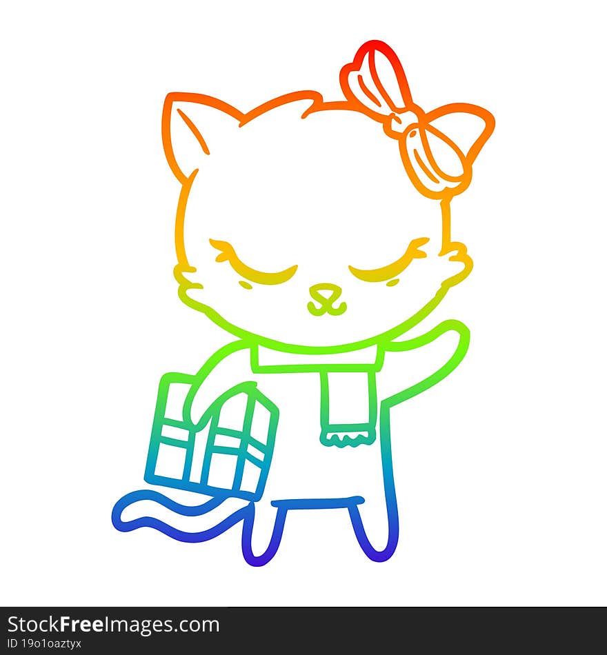 rainbow gradient line drawing cute cartoon cat with present