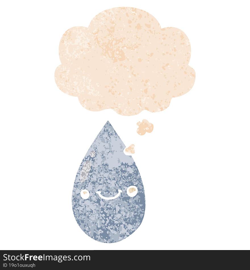 cartoon cute raindrop and thought bubble in retro textured style