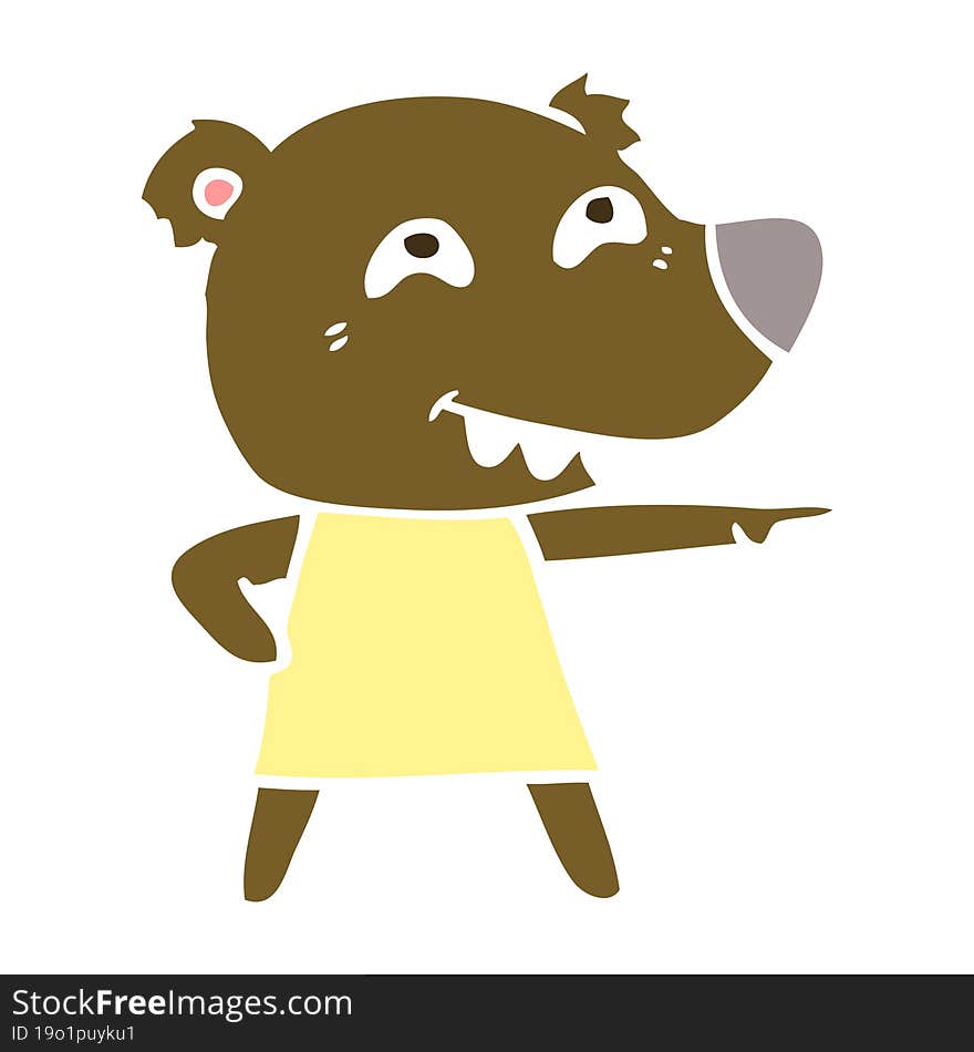 flat color style cartoon pointing bear girl showing teeth