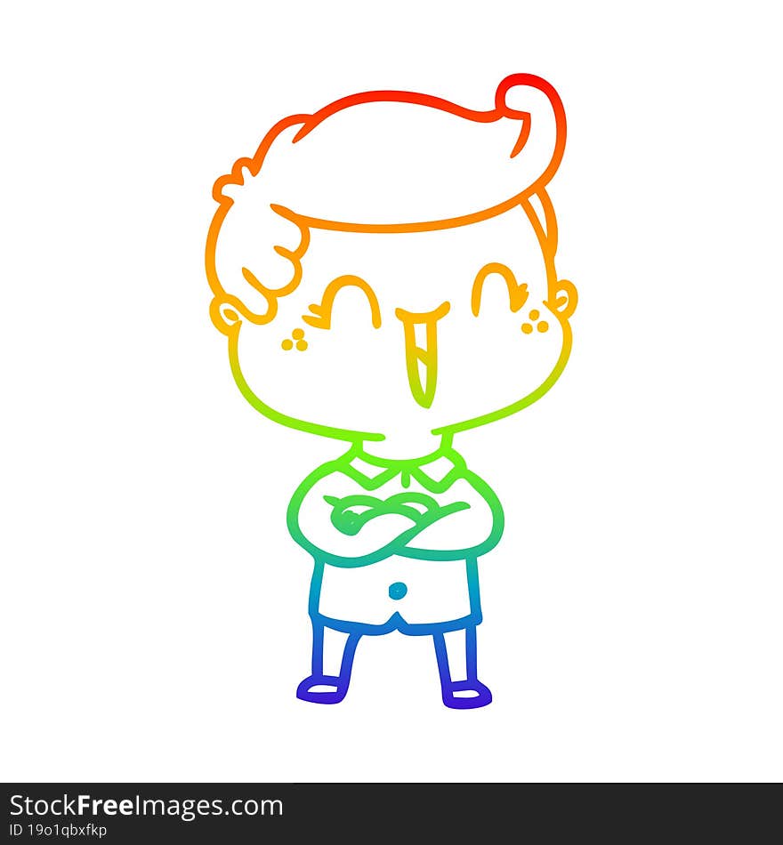 Rainbow Gradient Line Drawing Cartoon Laughing Boy Crossing Arms