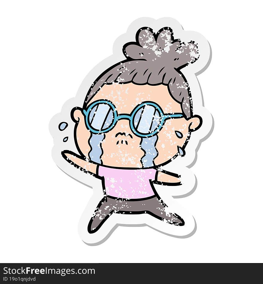 distressed sticker of a cartoon crying woman wearing spectacles