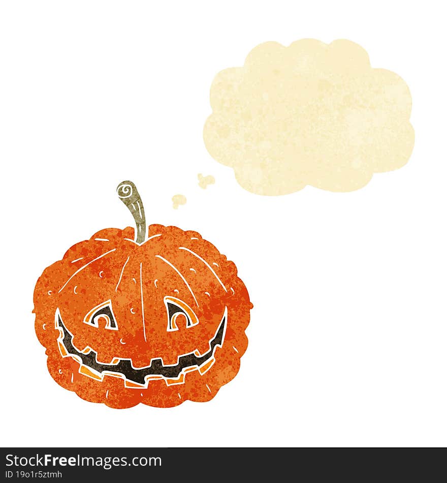 cartoon grinning pumpkin with thought bubble