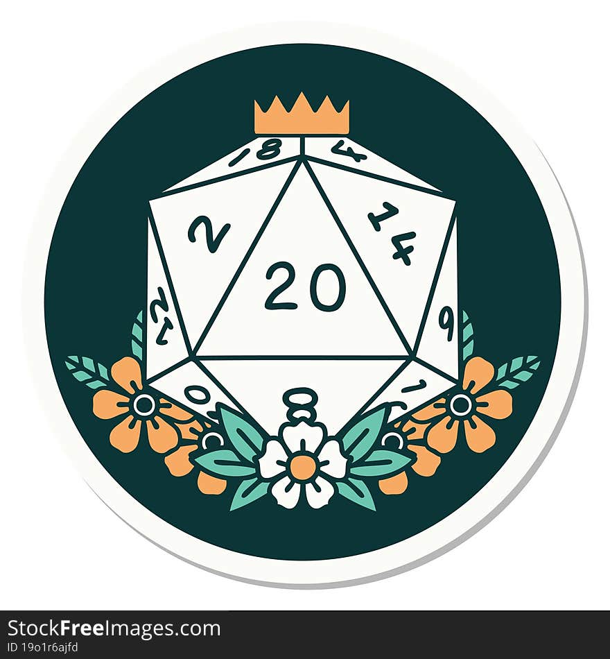 sticker of tattoo in traditional style of a d20. sticker of tattoo in traditional style of a d20