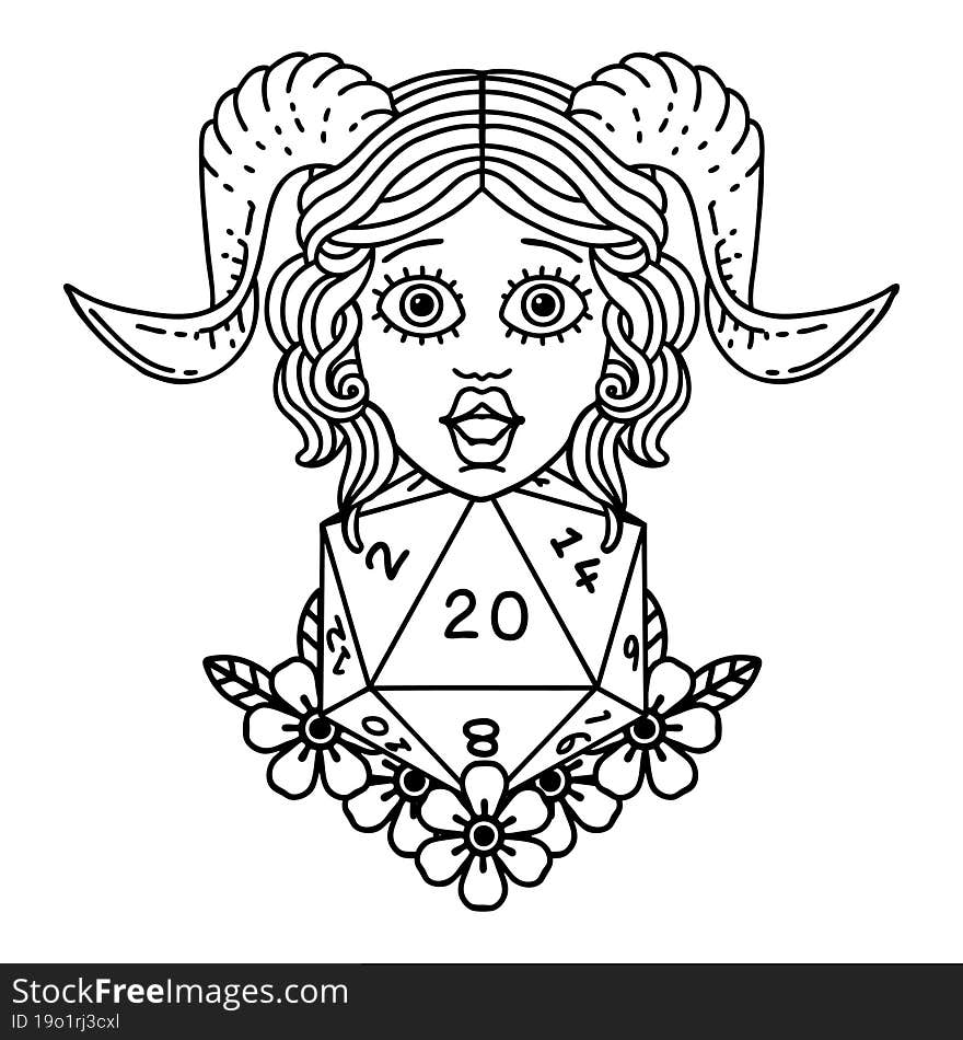 Black and White Tattoo linework Style tiefling with natural twenty dice roll. Black and White Tattoo linework Style tiefling with natural twenty dice roll