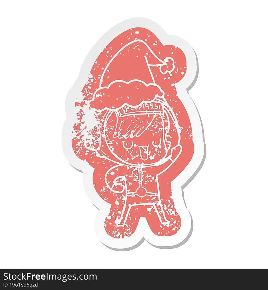 cartoon distressed sticker of a astronaut woman wearing santa hat