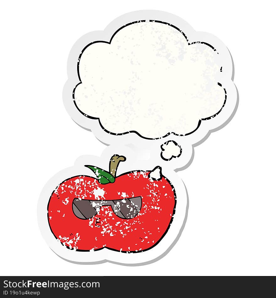 Cartoon Cool Apple And Thought Bubble As A Distressed Worn Sticker