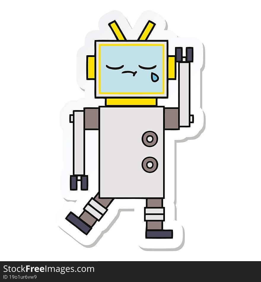 sticker of a cute cartoon crying robot