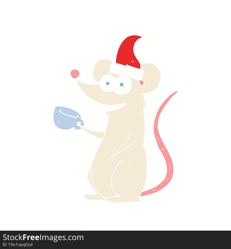 flat color illustration of mouse wearing christmas hat. flat color illustration of mouse wearing christmas hat