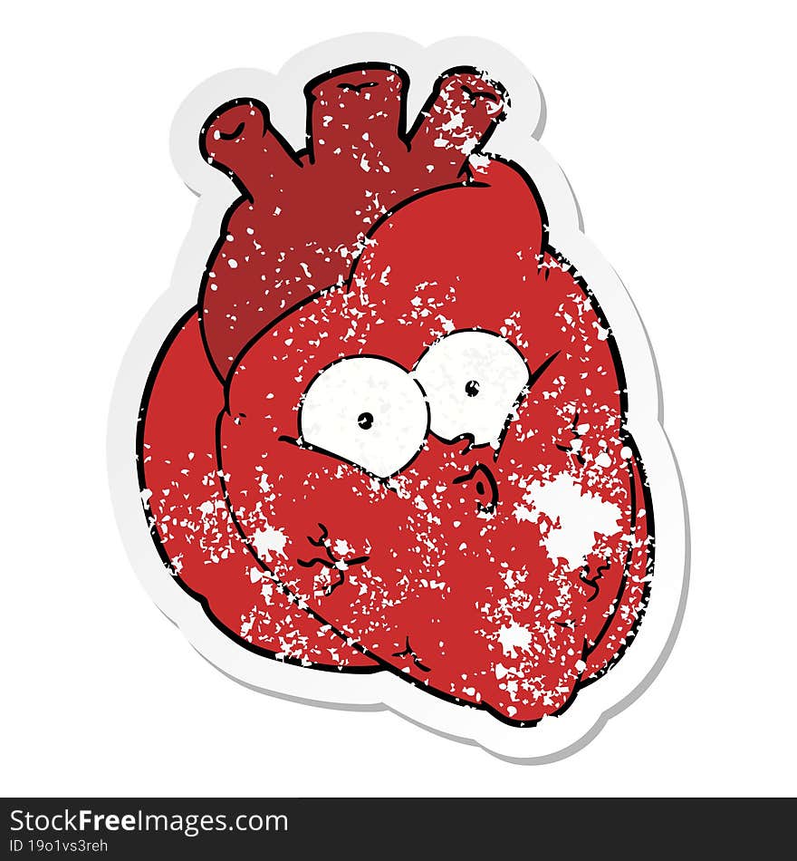 distressed sticker of a cartoon curious heart