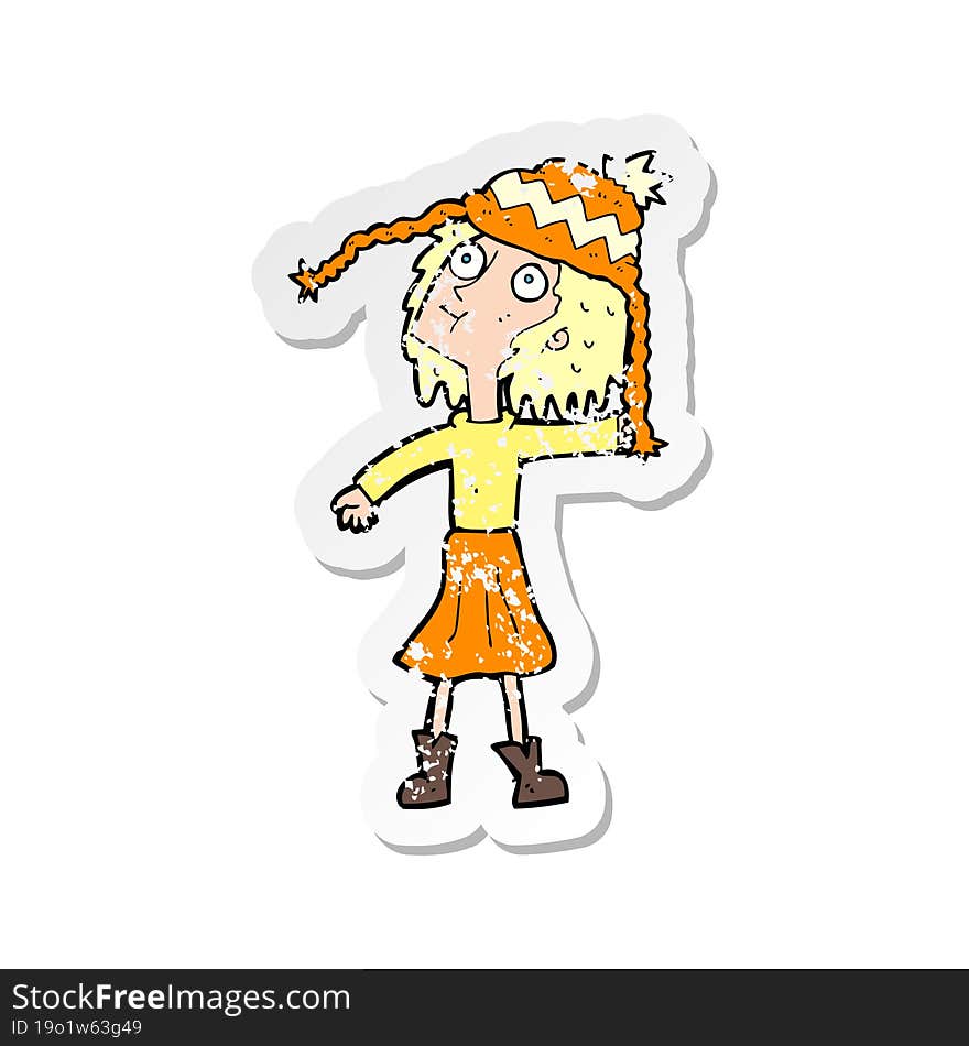 retro distressed sticker of a cartoon woman wearing winter hat