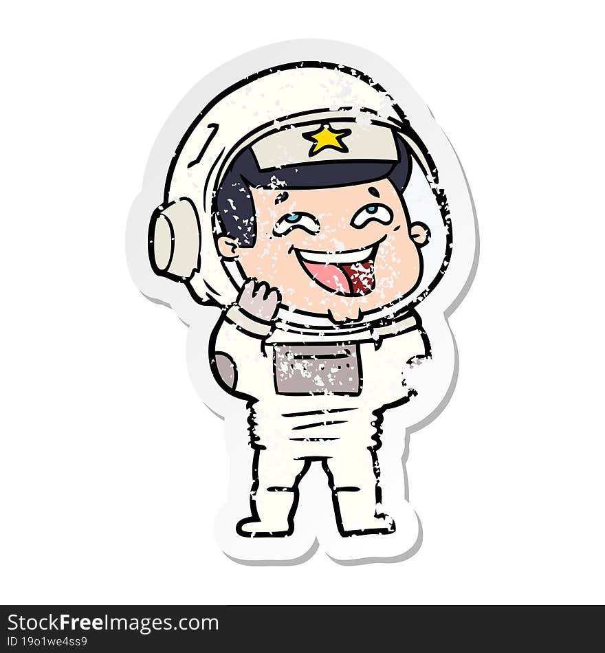 distressed sticker of a cartoon laughing astronaut