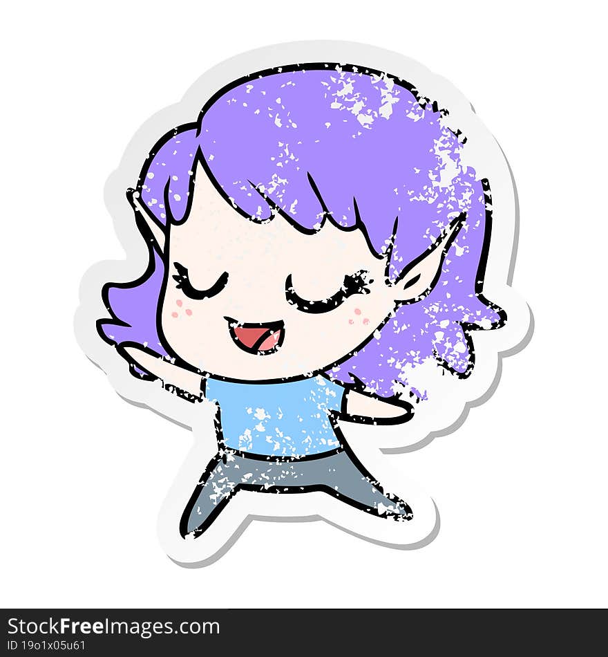 distressed sticker of a carton happy elf girl dancing