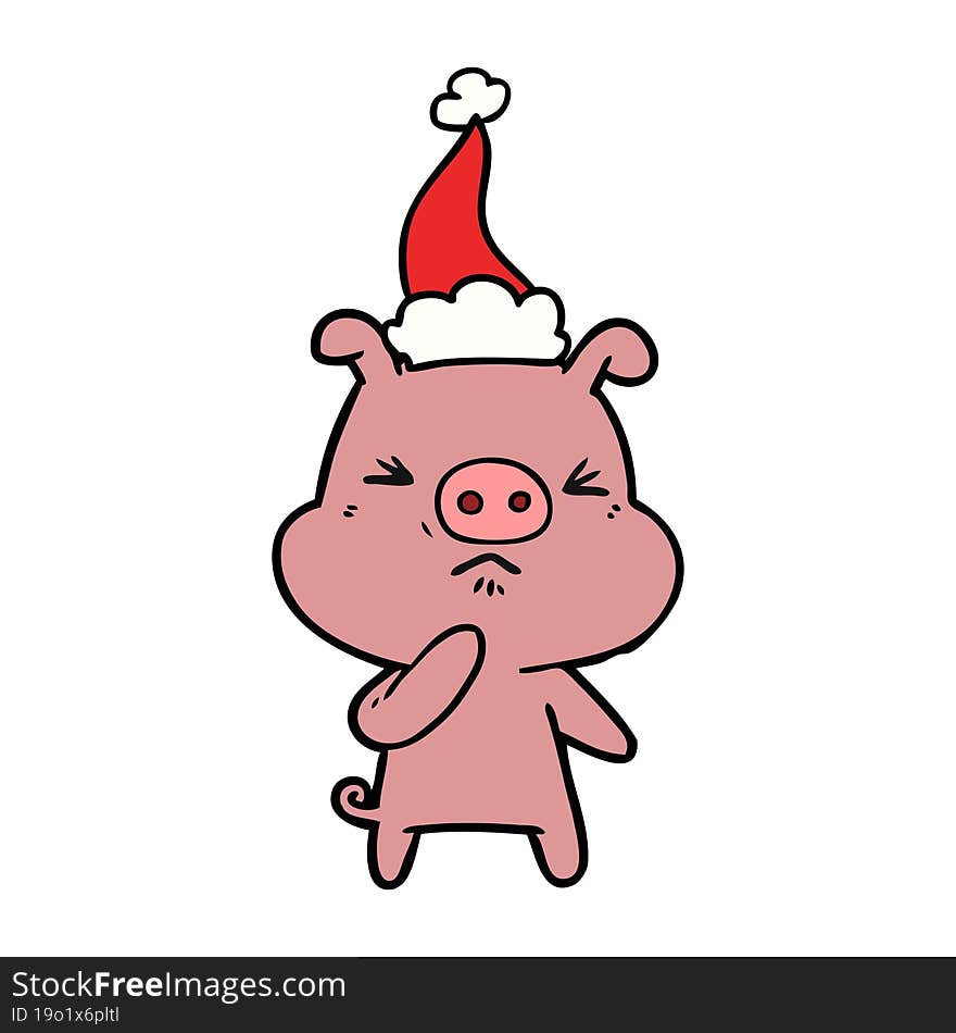 Line Drawing Of A Angry Pig Wearing Santa Hat