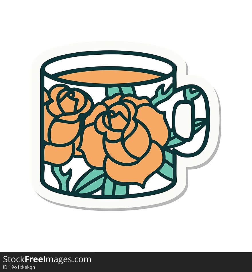 tattoo style sticker of a cup and flowers