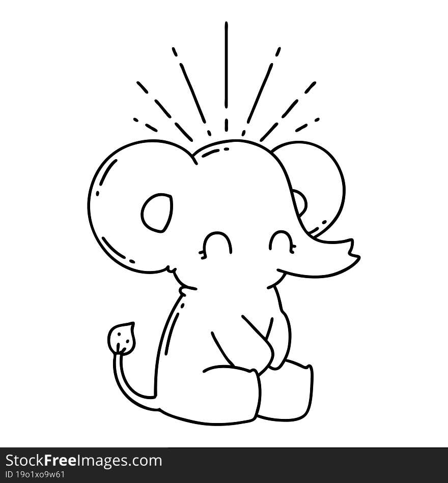 illustration of a traditional black line work tattoo style cute elephant