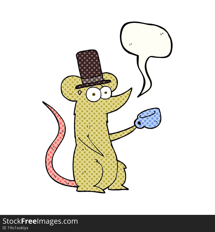 freehand drawn comic book speech bubble cartoon mouse with cup and top hat