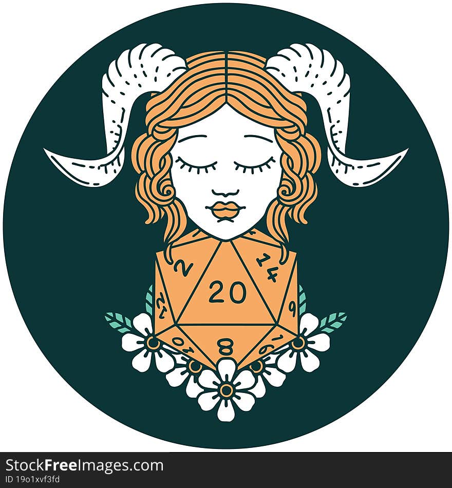 icon of tiefling with natural 20 D20 dice roll. icon of tiefling with natural 20 D20 dice roll