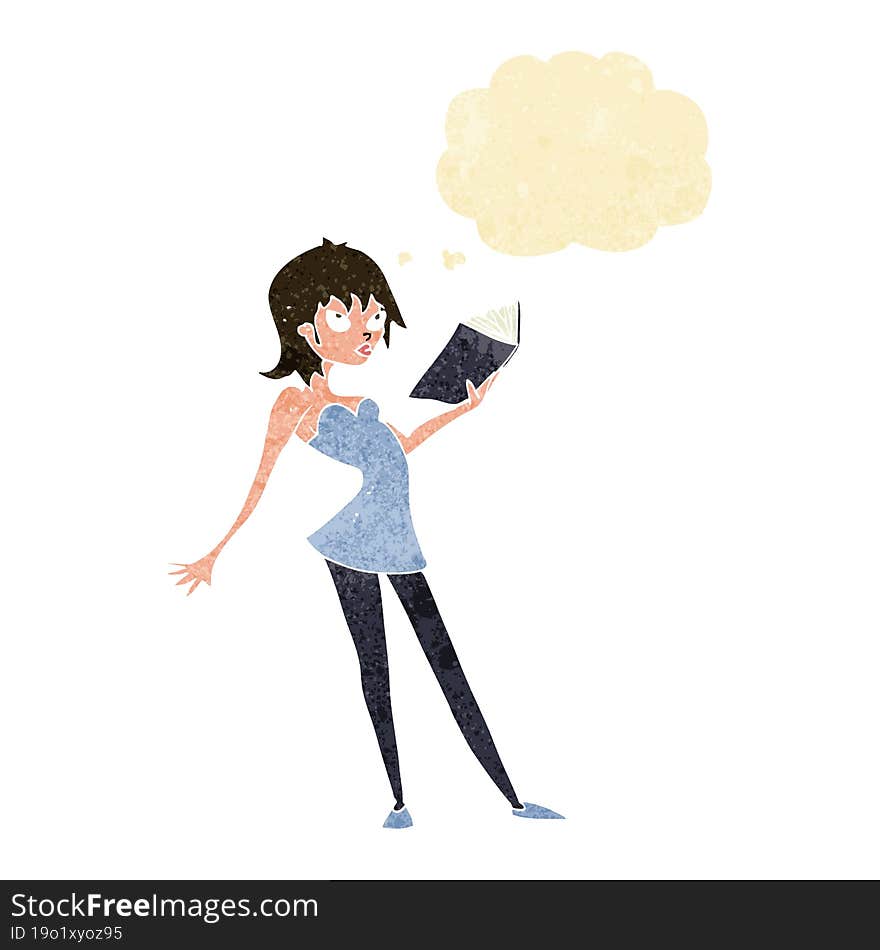 cartoon woman reading book with thought bubble