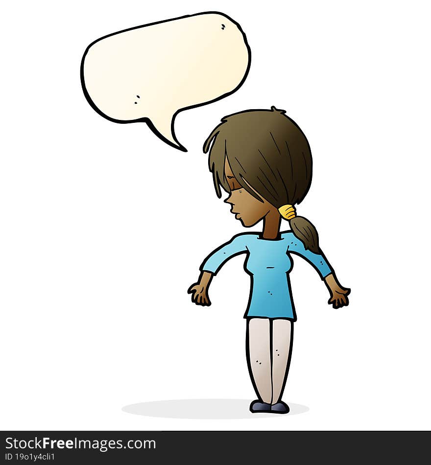 cartoon woman shrugging shoulders with speech bubble