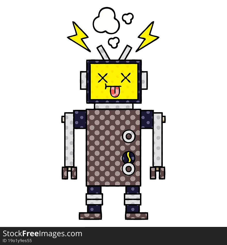 comic book style cartoon of a malfunctioning robot