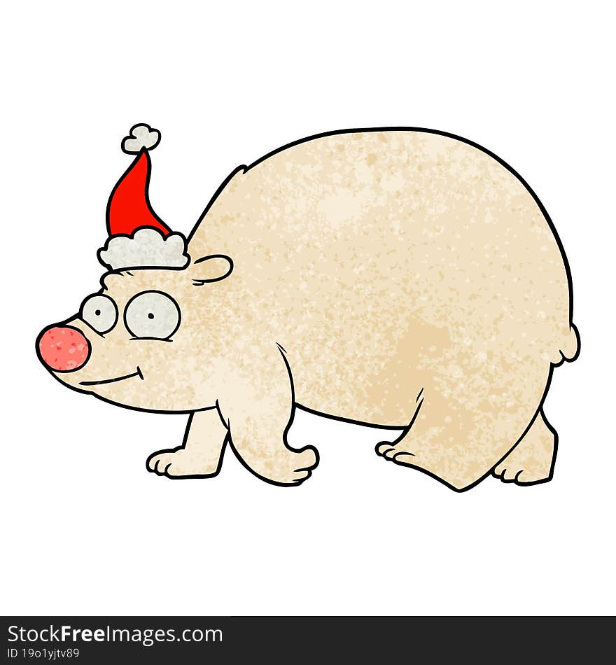 textured cartoon of a walking polar bear wearing santa hat