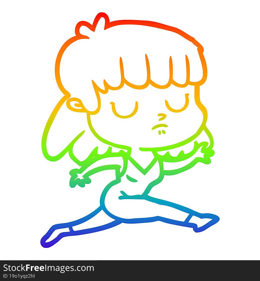 Rainbow Gradient Line Drawing Cartoon Indifferent Woman Running