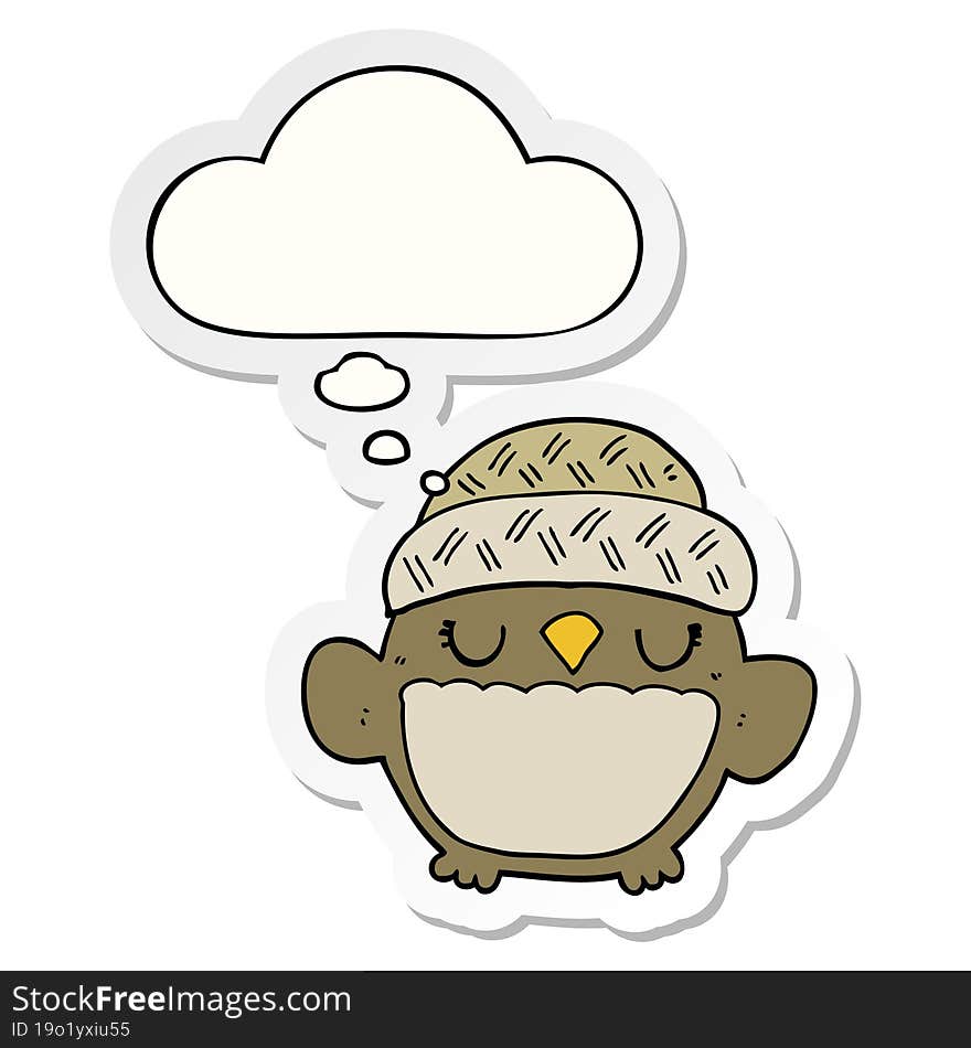 cute cartoon owl in hat and thought bubble as a printed sticker