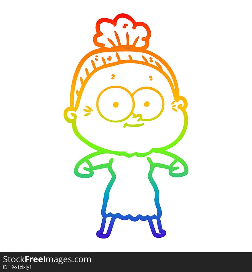 rainbow gradient line drawing of a cartoon happy old woman