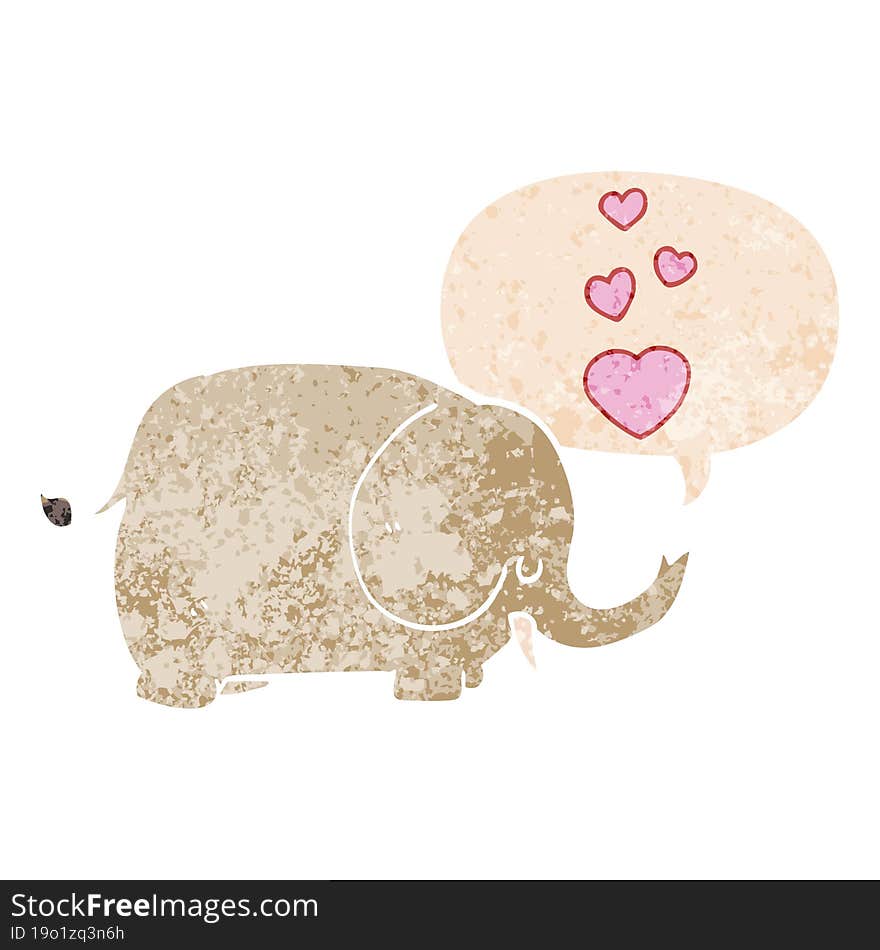 cute cartoon elephant with love hearts and speech bubble in retro textured style