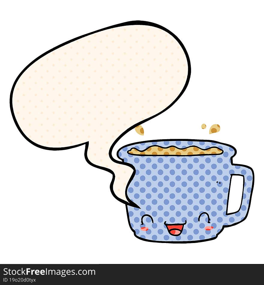 cartoon cup of coffee with speech bubble in comic book style