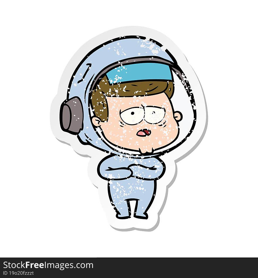 distressed sticker of a cartoon tired astronaut