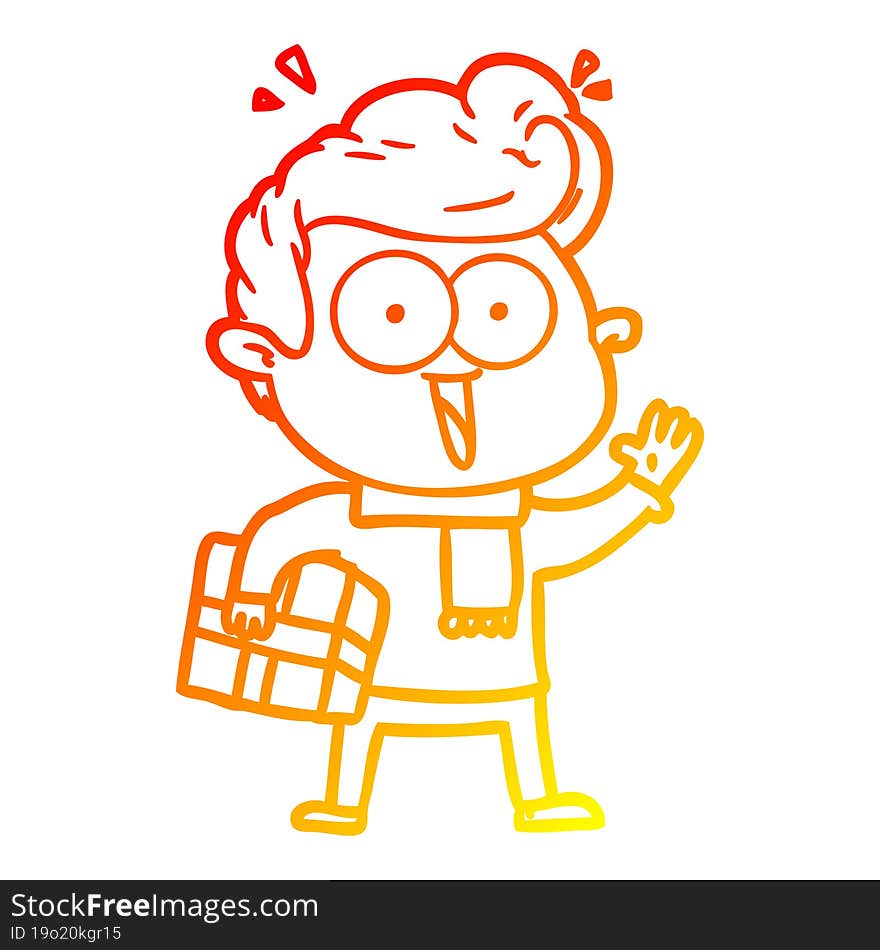 warm gradient line drawing of a cartoon excited man with present