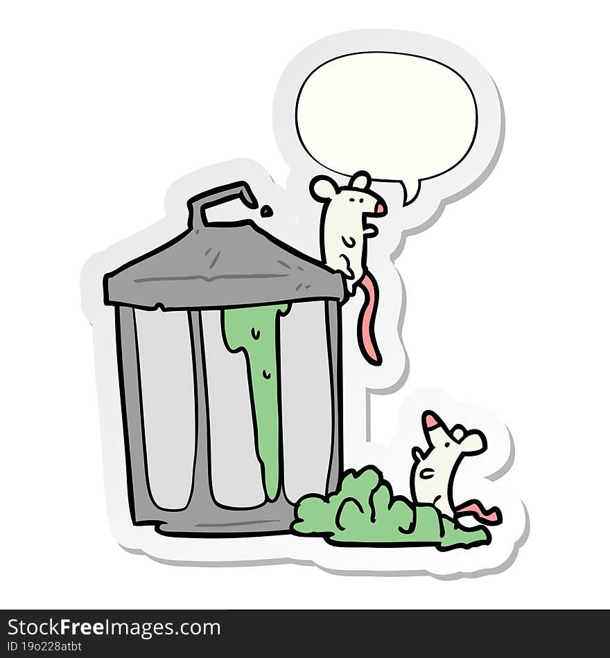 cartoon old metal garbage can and mice and speech bubble sticker