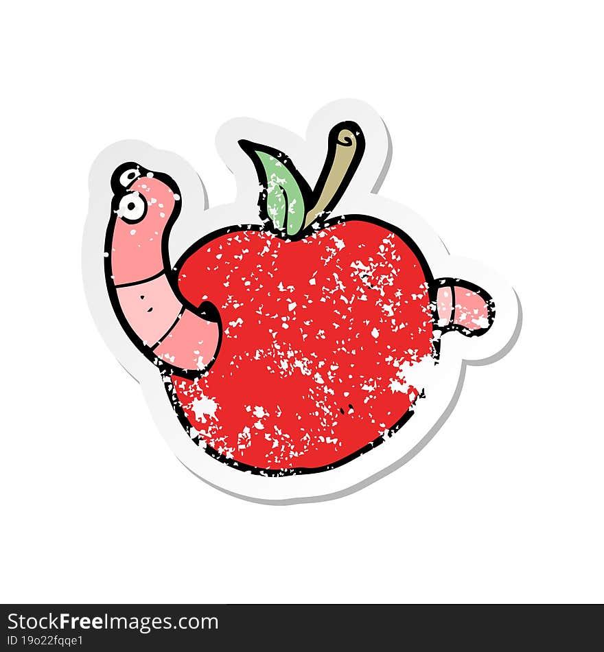 retro distressed sticker of a cartooon worm in apple