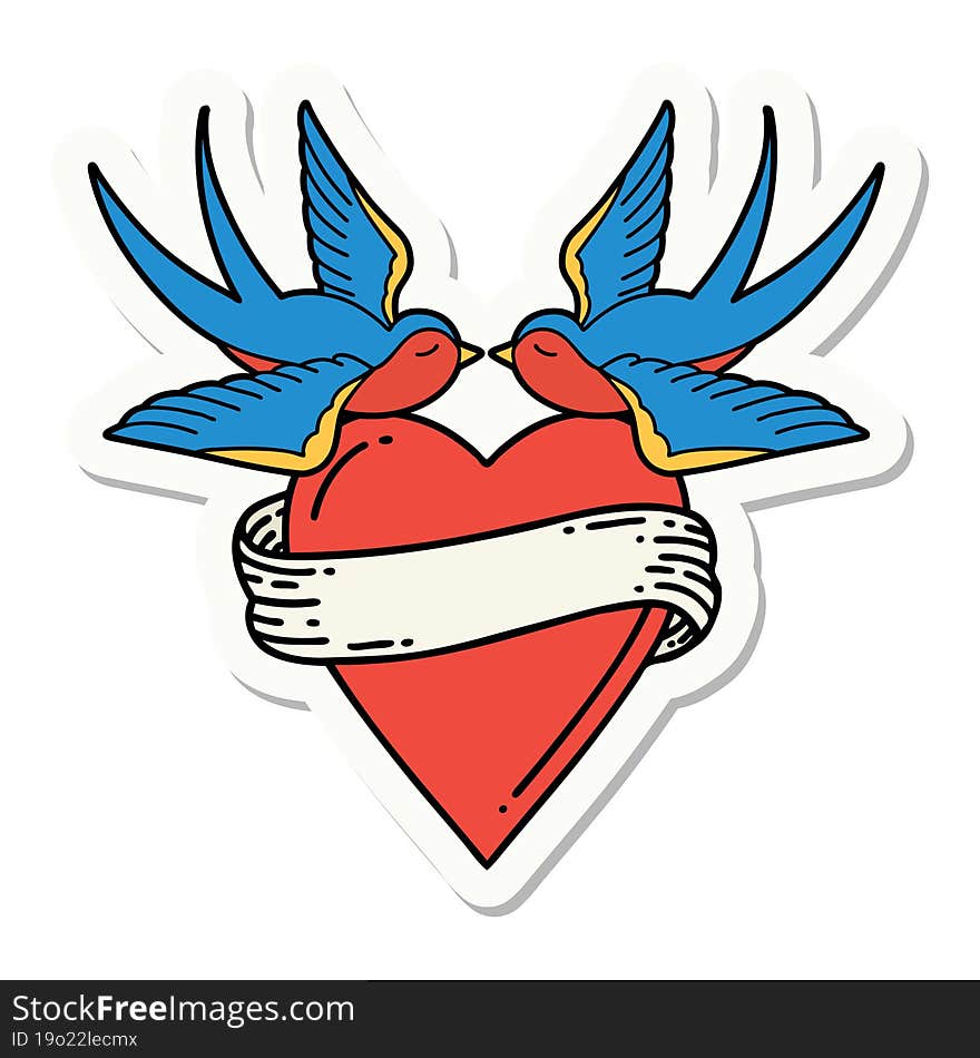 tattoo style sticker of a swallows and a heart with banner