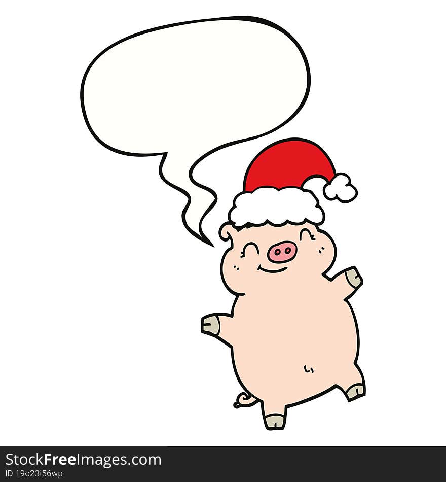 cartoon happy christmas pig and speech bubble