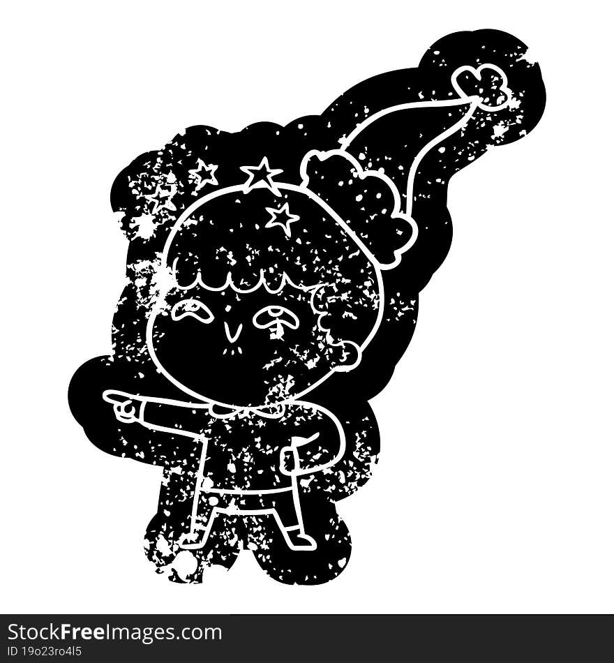 cartoon distressed icon of a amazed boy wearing santa hat