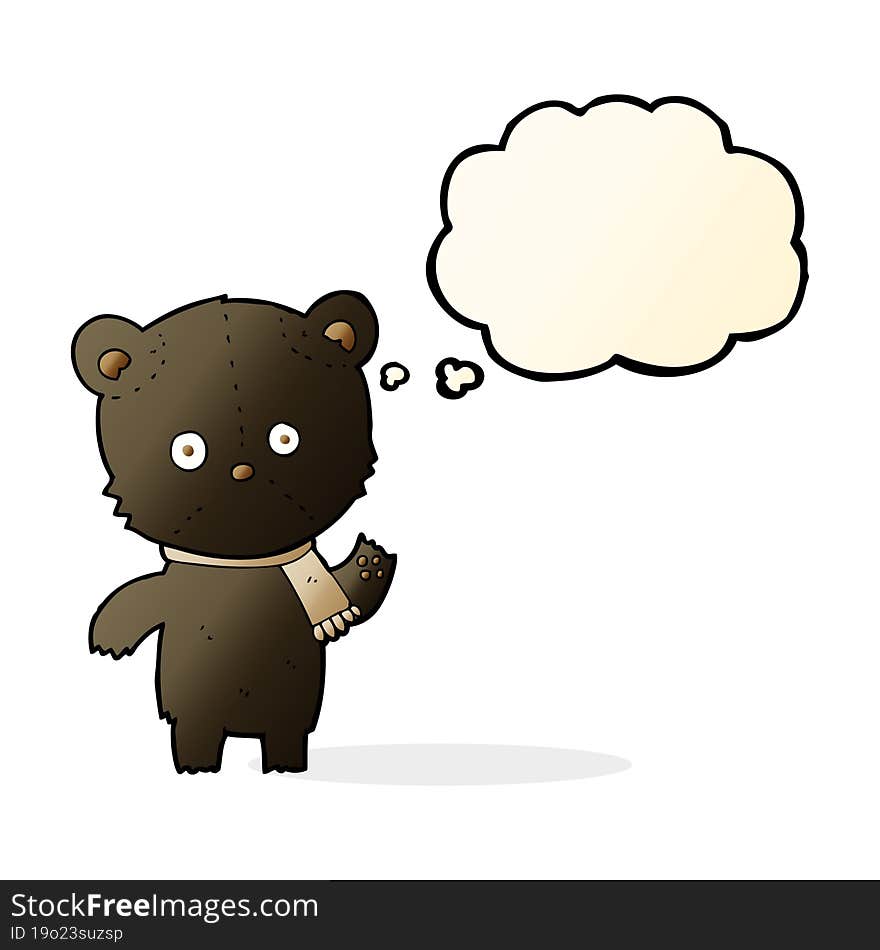 cartoon waving black bear with thought bubble