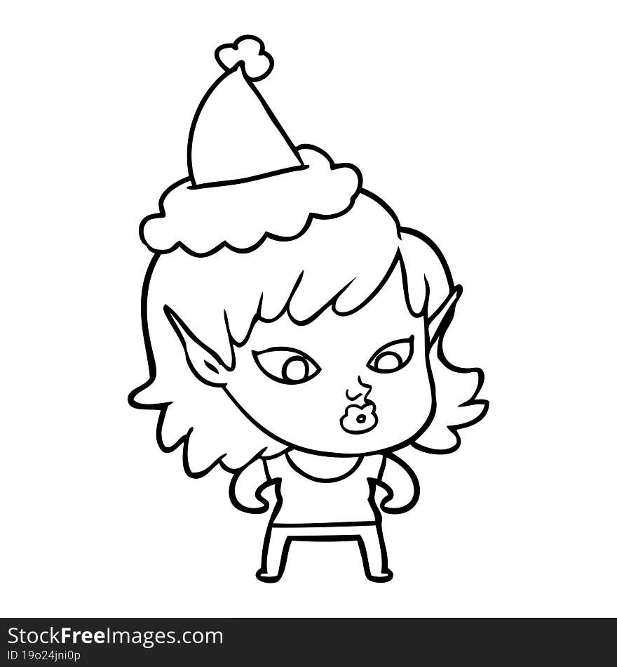 pretty hand drawn line drawing of a elf girl wearing santa hat. pretty hand drawn line drawing of a elf girl wearing santa hat