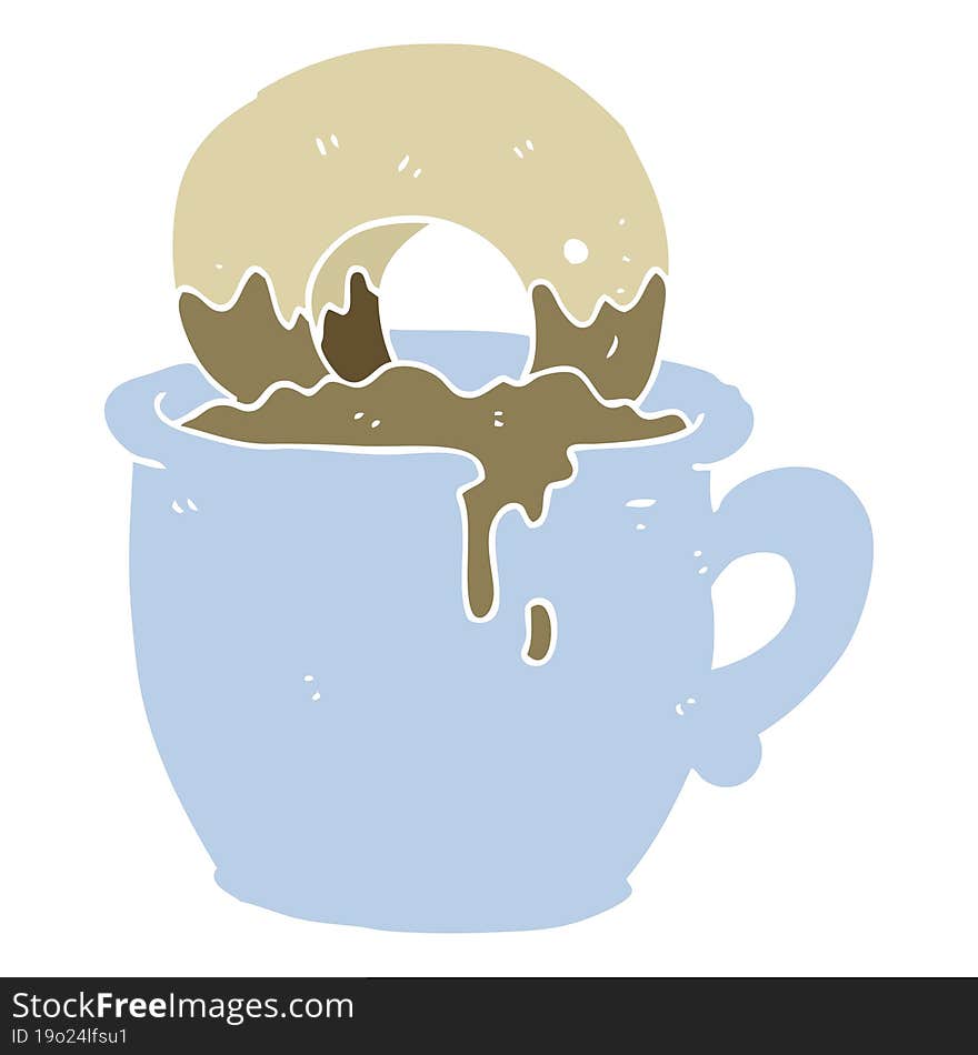 flat color illustration of donut dunked in coffee. flat color illustration of donut dunked in coffee