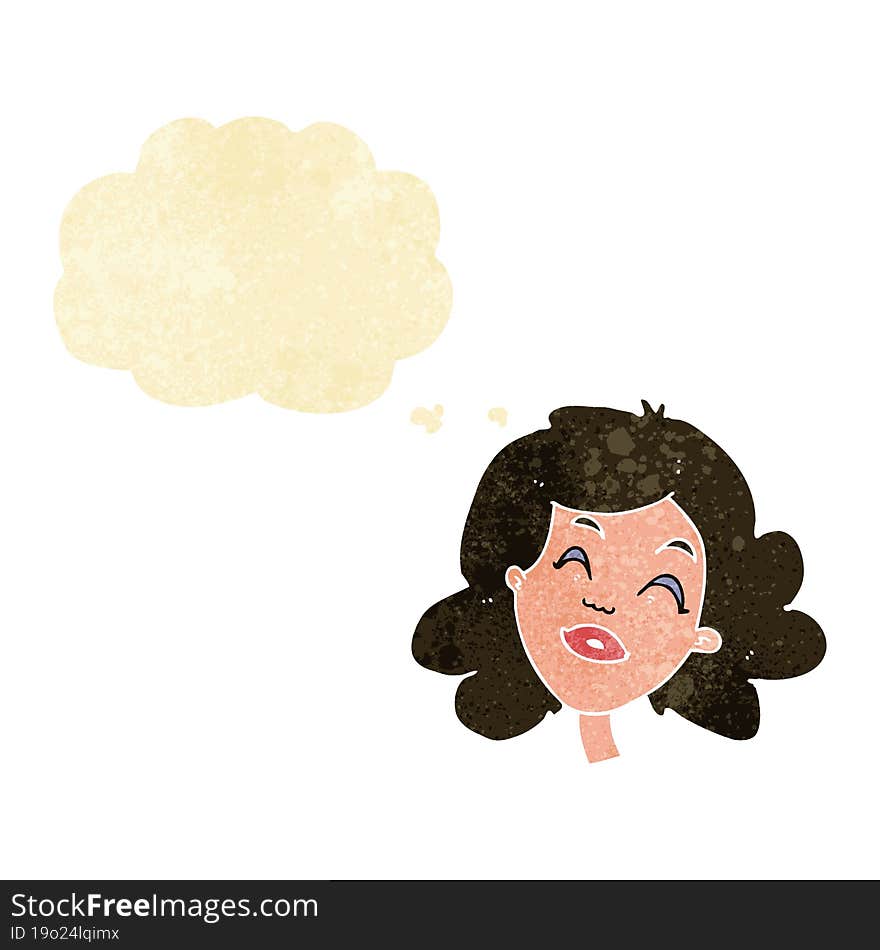 cartoon happy female face with thought bubble