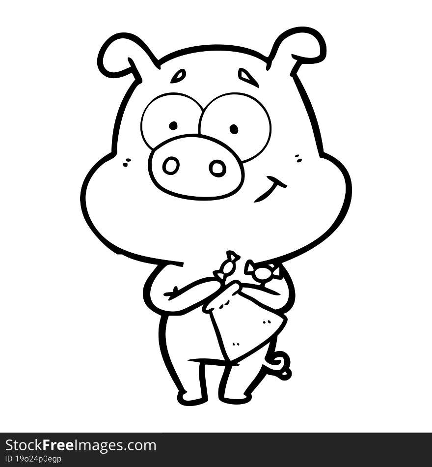 happy cartoon pig with candy. happy cartoon pig with candy