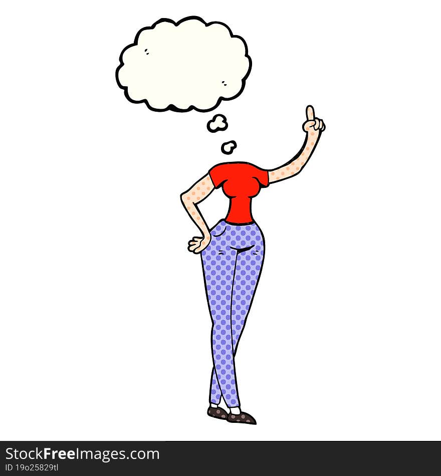 freehand drawn thought bubble cartoon female body with raised hand