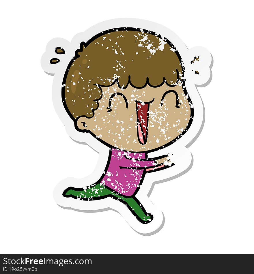 Distressed Sticker Of A Laughing Cartoon Man Running