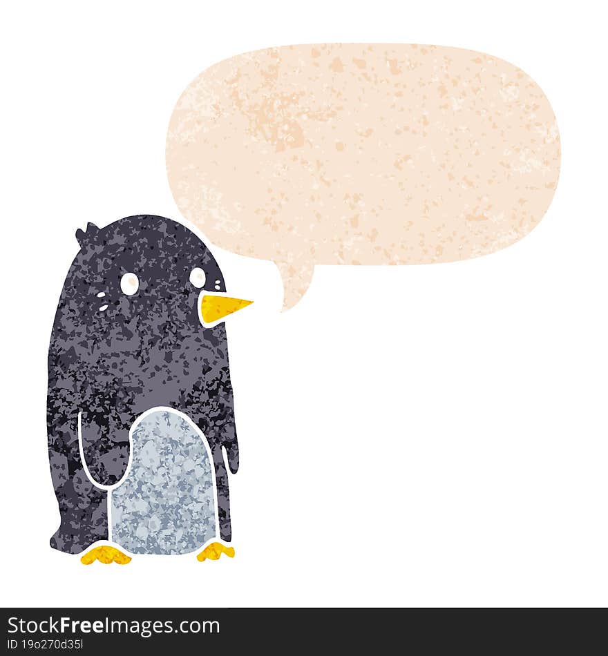 cartoon penguin with speech bubble in grunge distressed retro textured style. cartoon penguin with speech bubble in grunge distressed retro textured style