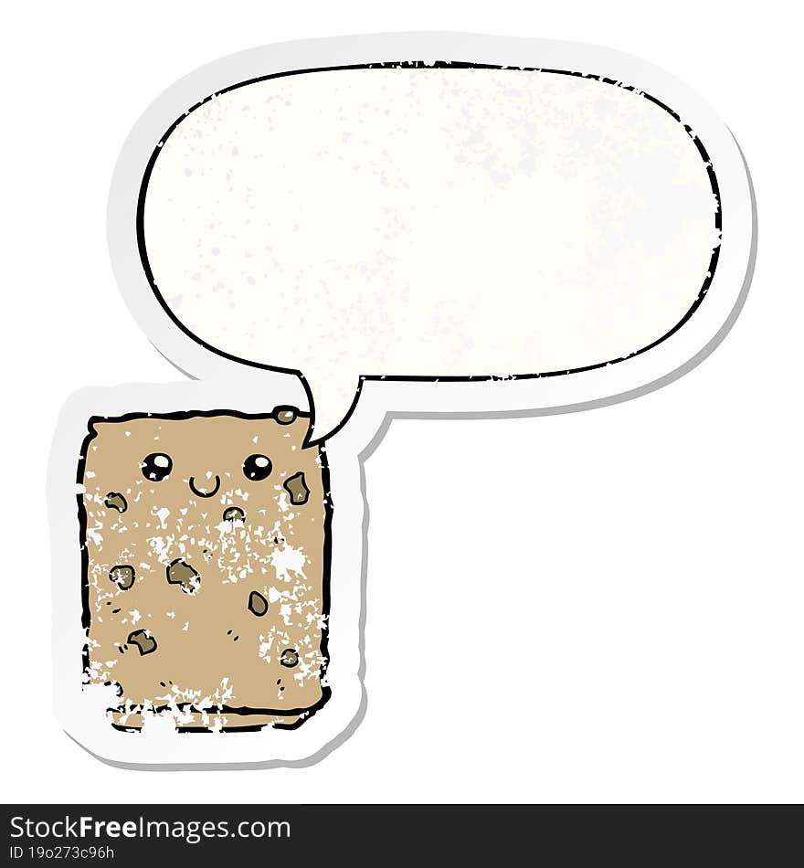 cartoon biscuit and speech bubble distressed sticker