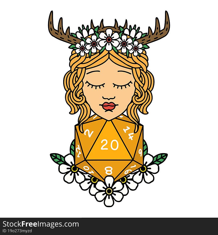 human druid with natural twenty dice roll illustration