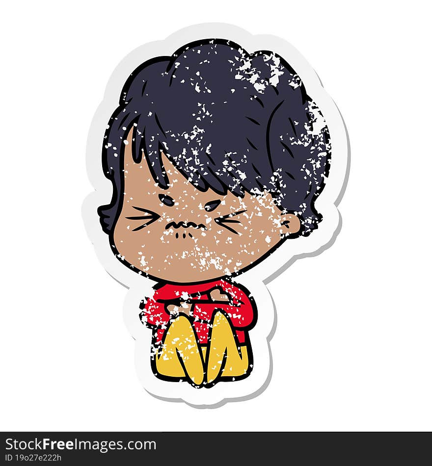 Distressed Sticker Of A Cartoon Frustrated Woman