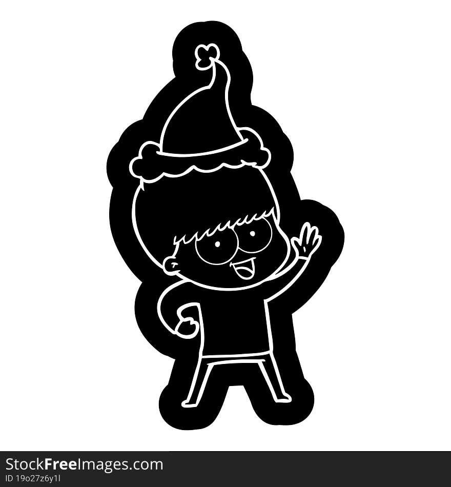 happy quirky cartoon icon of a boy wearing santa hat